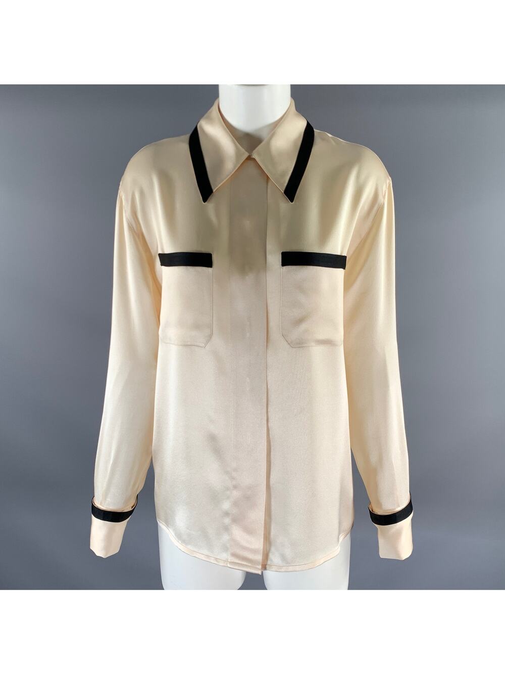 CHANEL Size M Cream Black Silk French Cuff Blouse